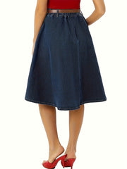 Retro Denim Skirt Button Front High Waist Midi Skirt With Pockets
