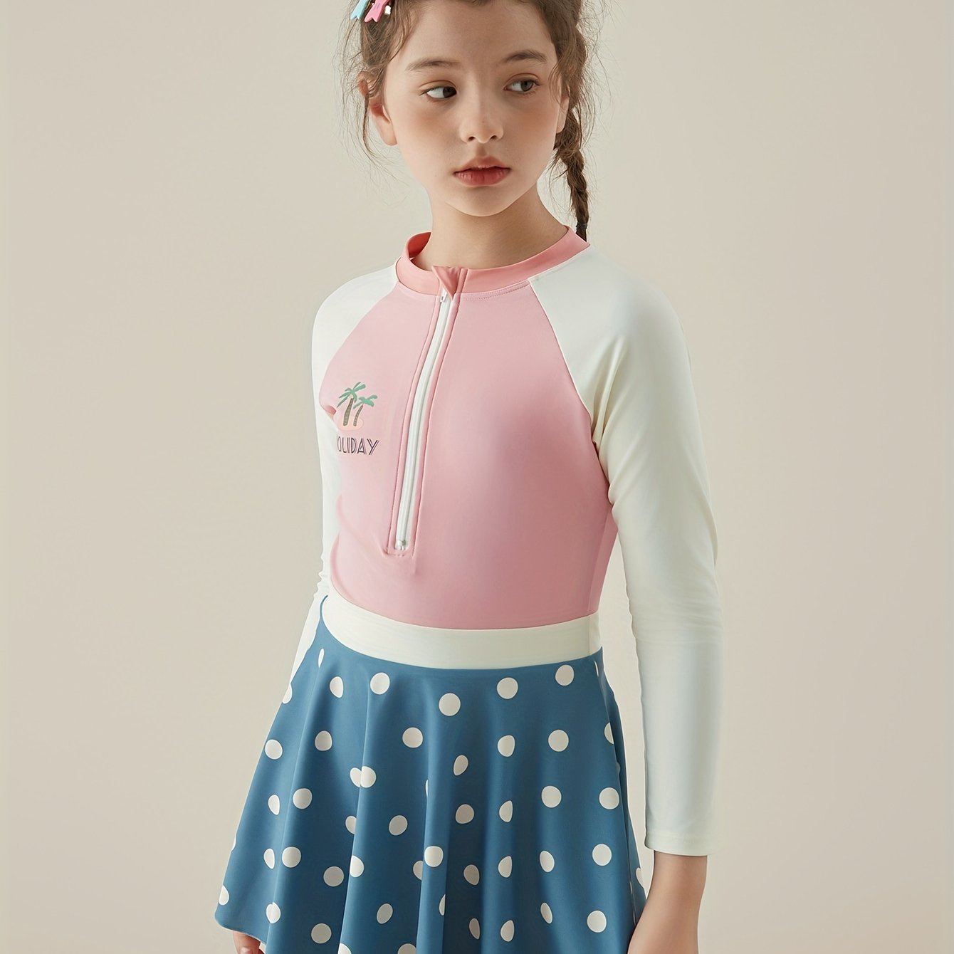 Girls Polka Dot Half Zip Swimwear for Summer Competition