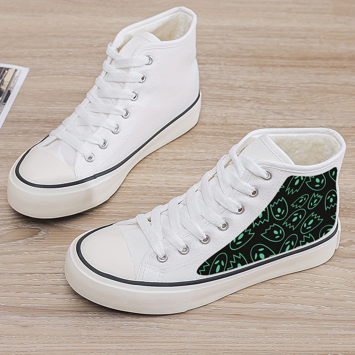 Ghost Print Plush Lined Chunky Canvas Sneakers High Top