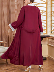 Boho Abaya Robe Plus Contrast Lace Long Sleeve Open Front Robe Arabian Dress