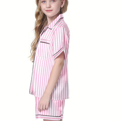 Girls 2pcs Pajamas Top & Shorts Solid Short Sleeve Button Front PJ Set