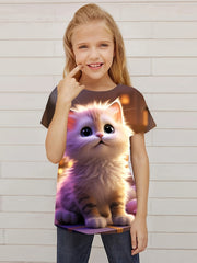 Cat Graphic Short Sleeve T-Shirt for Girls Summer Sports Gift