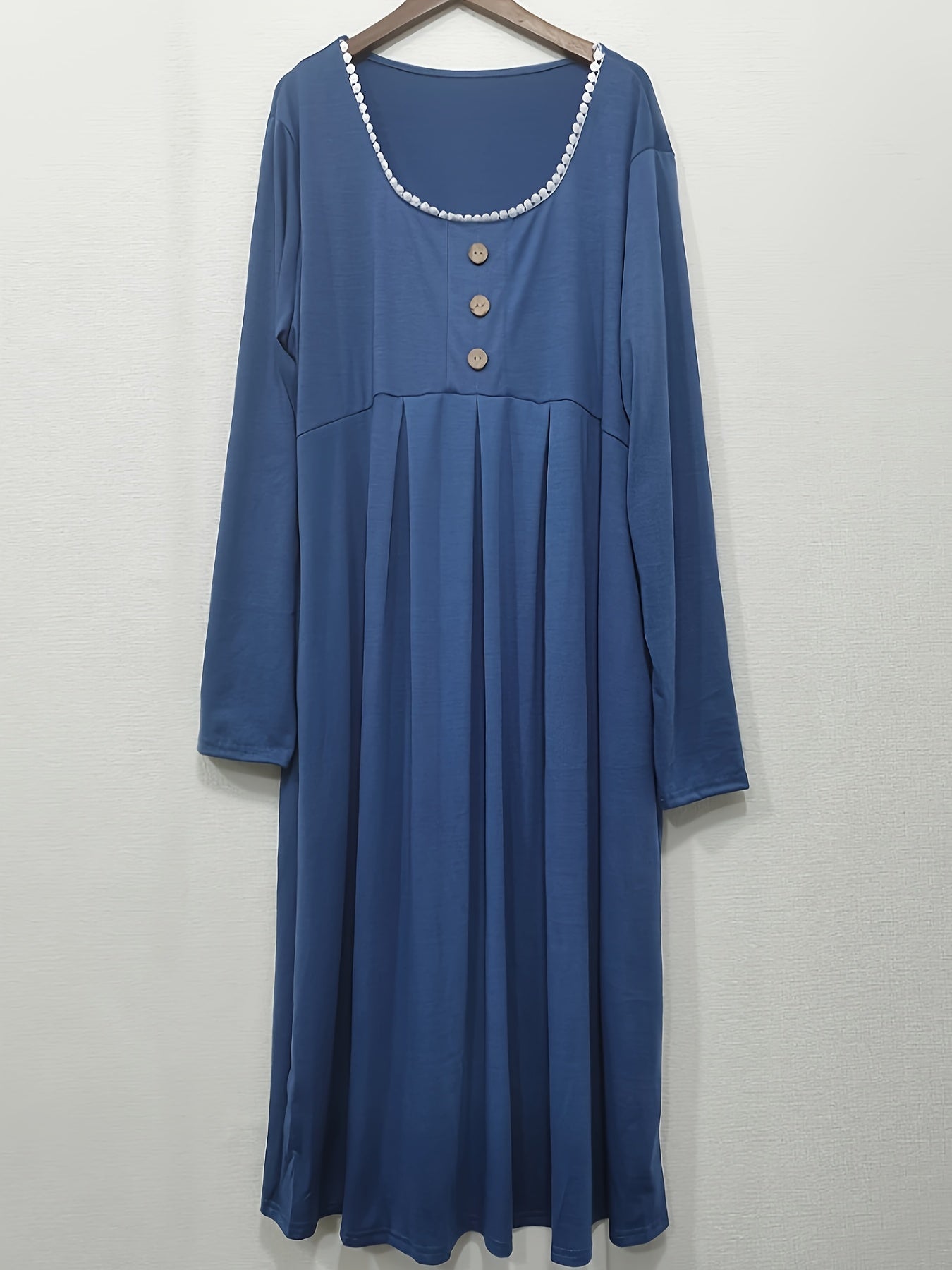 Colorblock Lace Trim Long Sleeve Round Neck Dress With Pockets