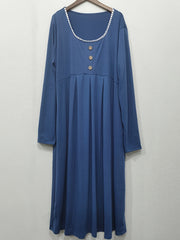 Colorblock Lace Trim Long Sleeve Round Neck Dress With Pockets