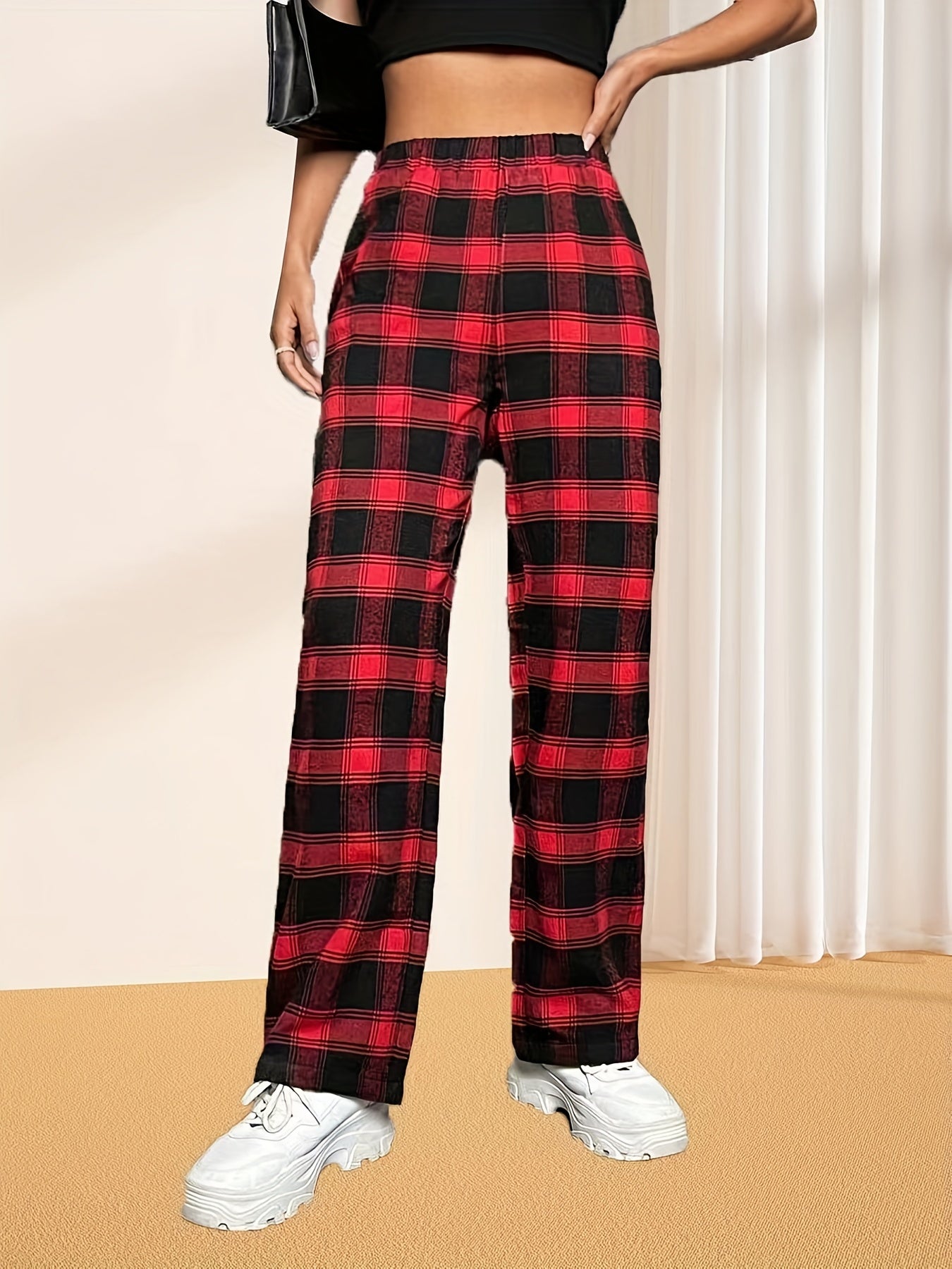Plaid Print Straight Leg Pants Elastic Waist Casual Pants