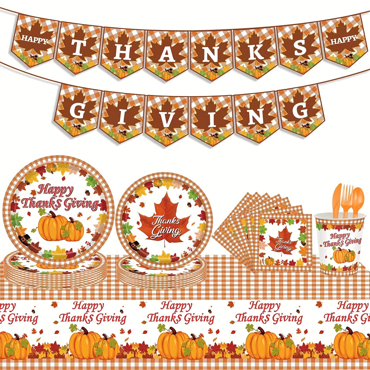 Thanksgiving Checkered Maple Leaf Tablecloth Happy Thanksgiving Pumpkin Supplies