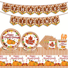 Thanksgiving Checkered Maple Leaf Tablecloth Happy Thanksgiving Pumpkin Supplies