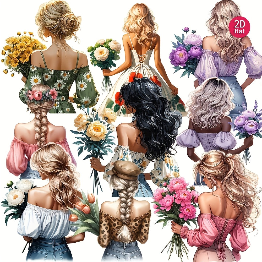 Floral Back Girl Journaling Stickers - DIY Craft Supplies