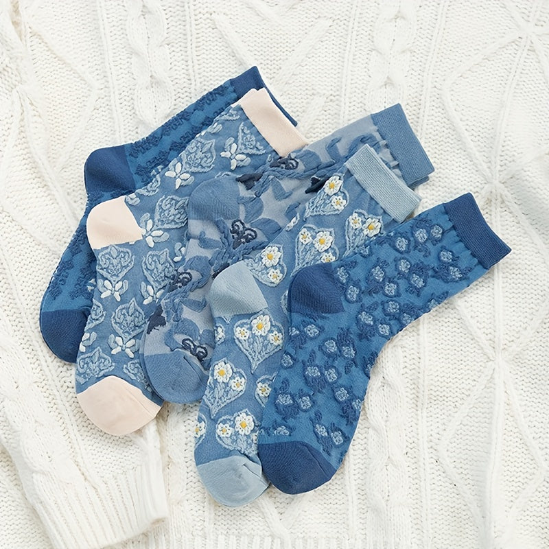 5 Pairs Floral Print Crew Socks - Comfy & Breathable Stockings