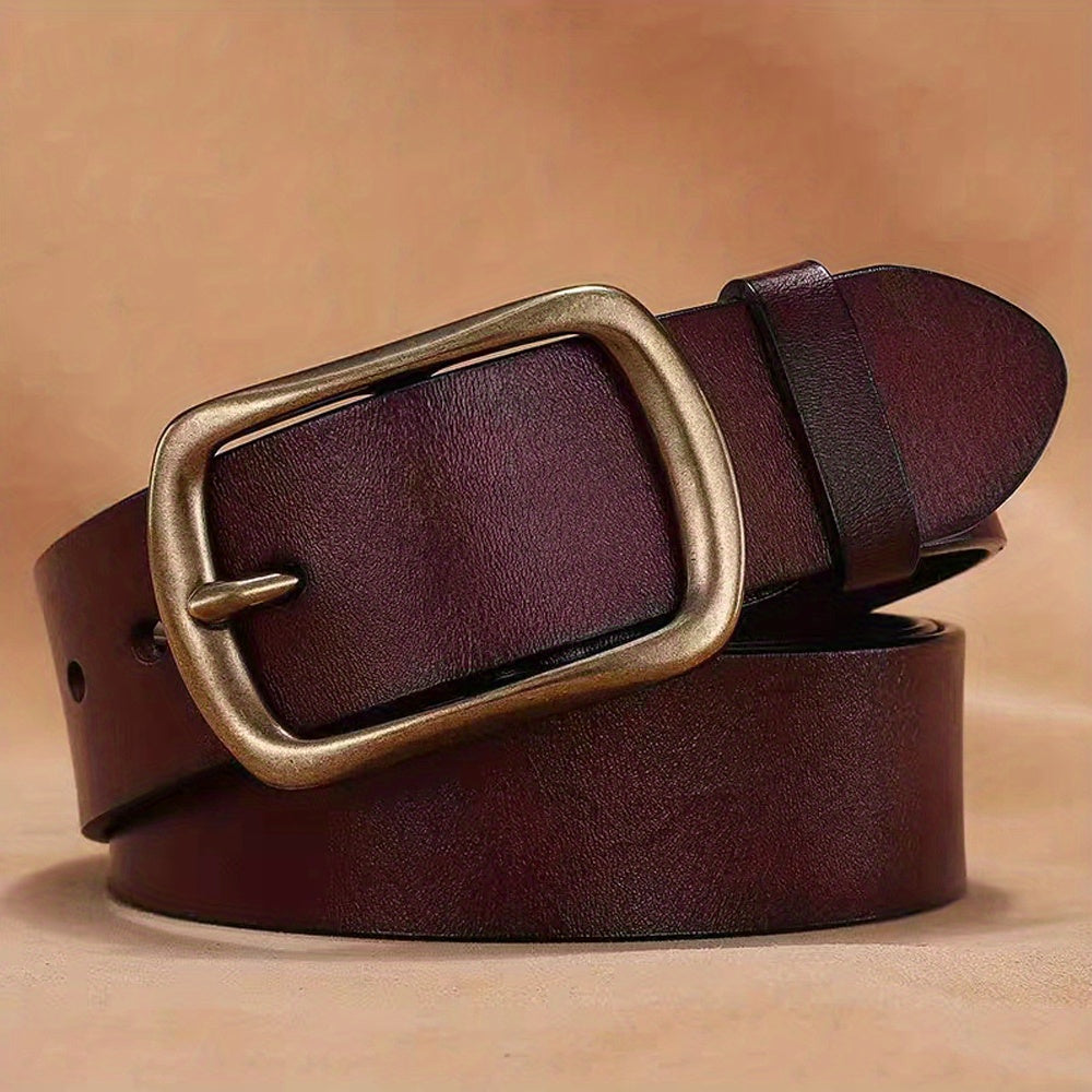 Cowhide Copper Pin Buckle Men's Belt Green Middle Aged Jeans Retro Belt