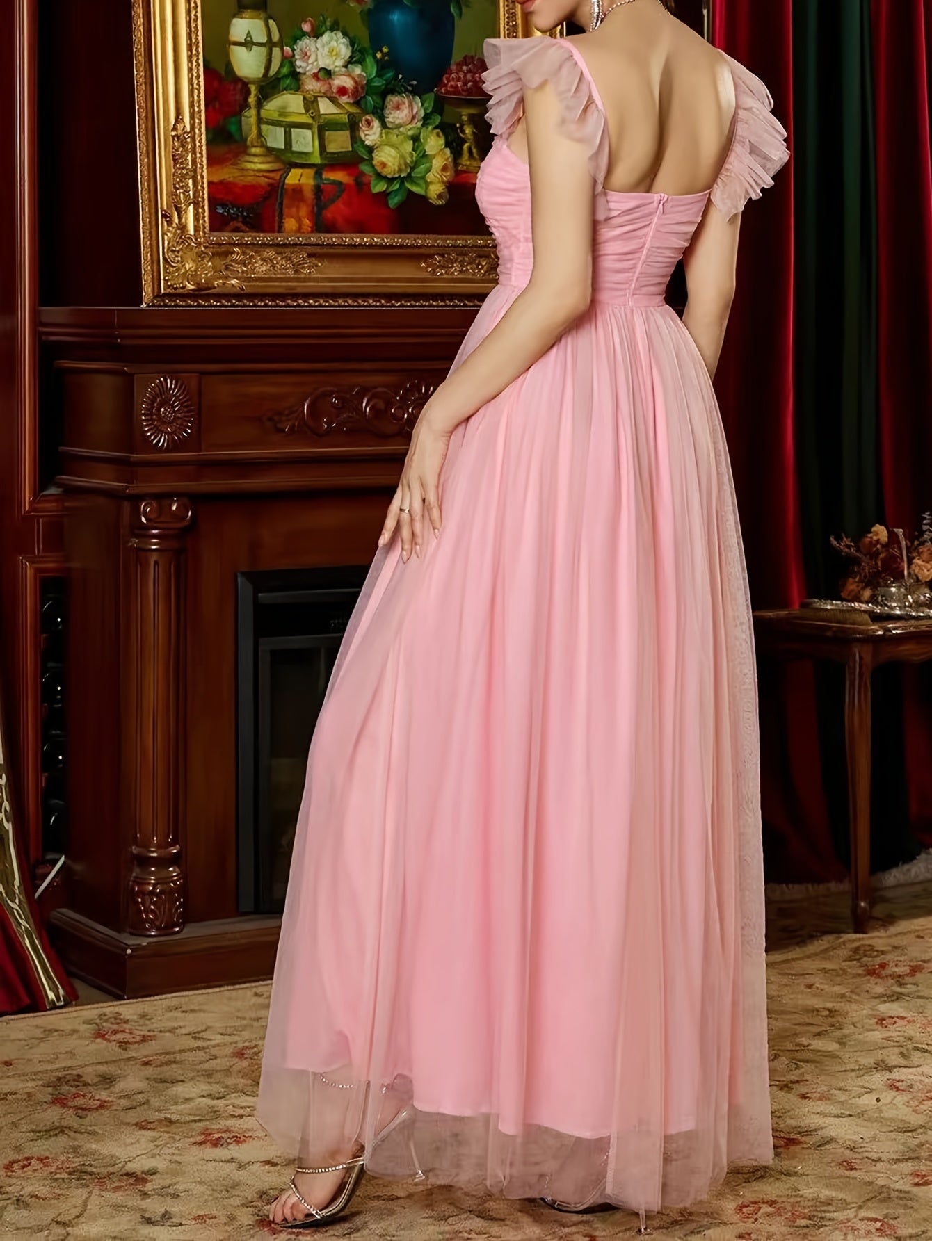 Mesh Ruffle Trim Maxi Bridesmaid Cami Dress