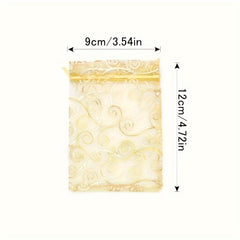 100pcs Golden Organza Bags Drawstring Printed Jewelry Gift Bags