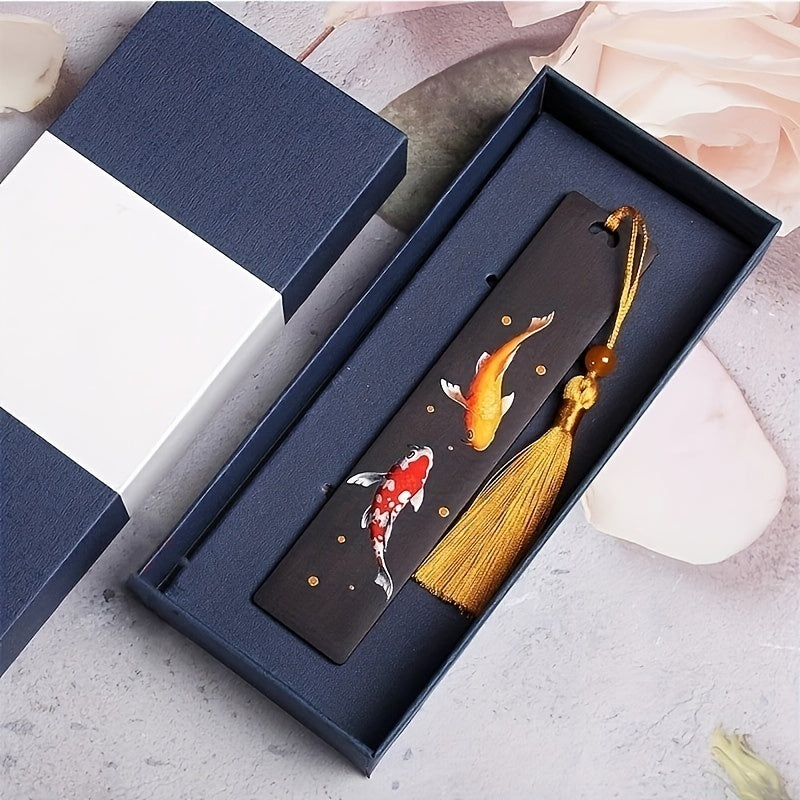 Chinese Style Koi Carp Sandalwood Bookmark Tassel Pendant Lucky Book Mark
