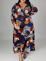 Plus Casual Dress Women's Floral Print Long Sleeve Maxi Dress