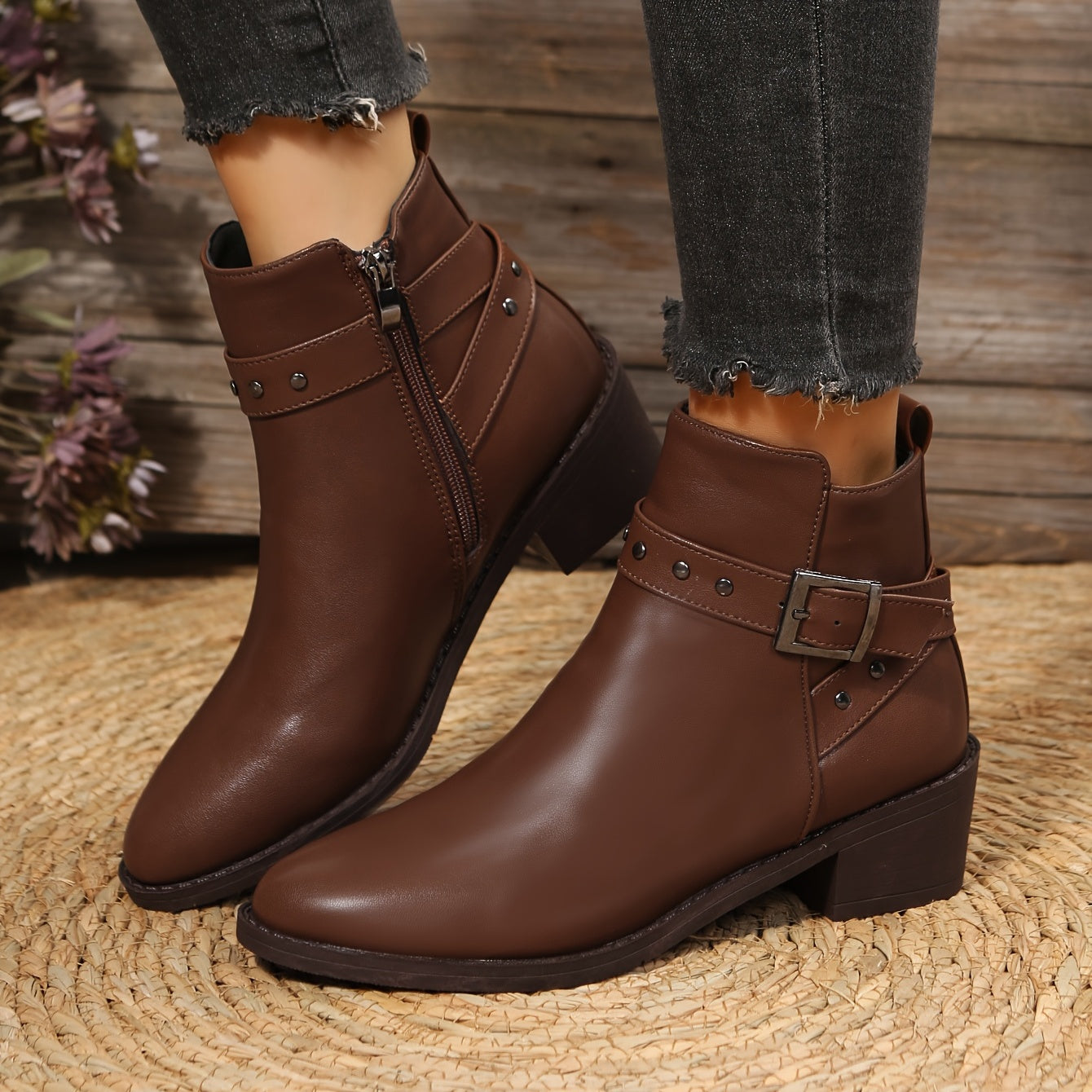 Women's Chunky Heel Ankle Boots Dark Brown Metal Buckle Short Boots