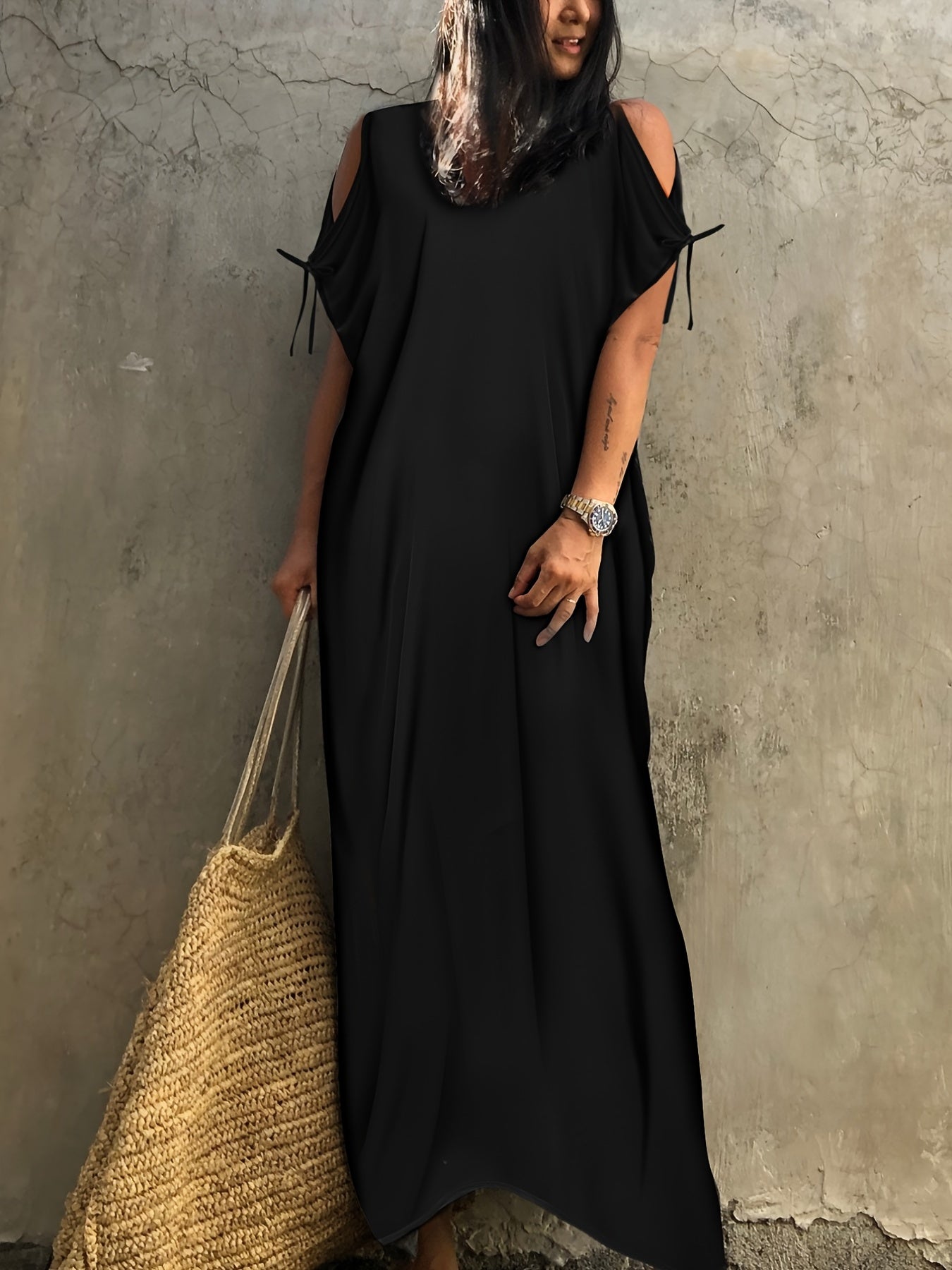 V Neck Cover Up Dress Loose Fit Tie Side Solid Beachwear Kaftan Women's Swimwear