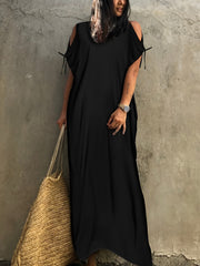 V Neck Cover Up Dress Loose Fit Tie Side Solid Beachwear Kaftan Women's Swimwear