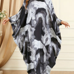 Marble Print Batwing Sleeve Round Neck Plus Size Kaftan Dress