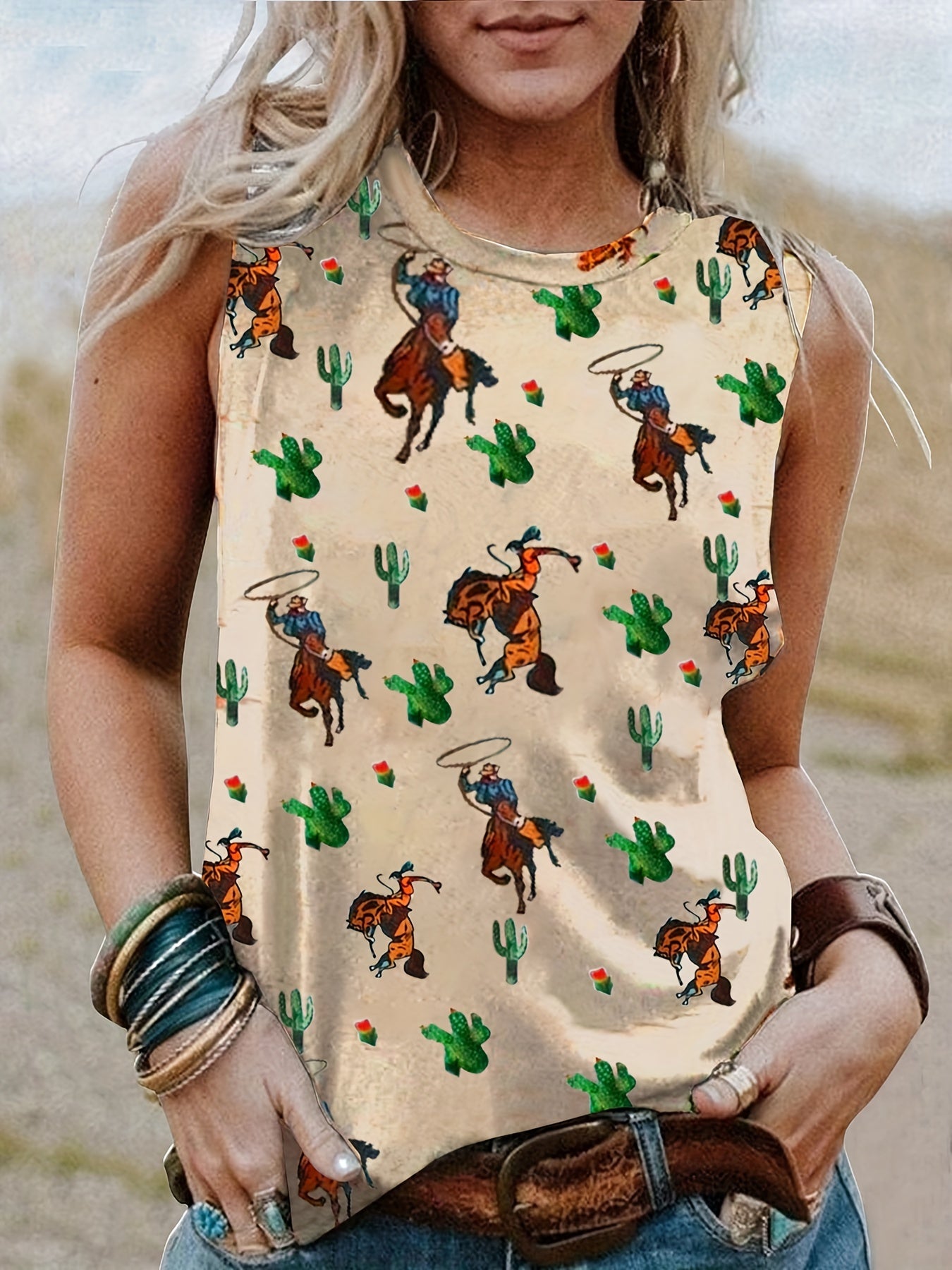 Cartoon Figure Cactus Print Tank Top Round Neck Medium Stretch Tank