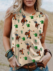 Cartoon Figure Cactus Print Tank Top Round Neck Medium Stretch Tank