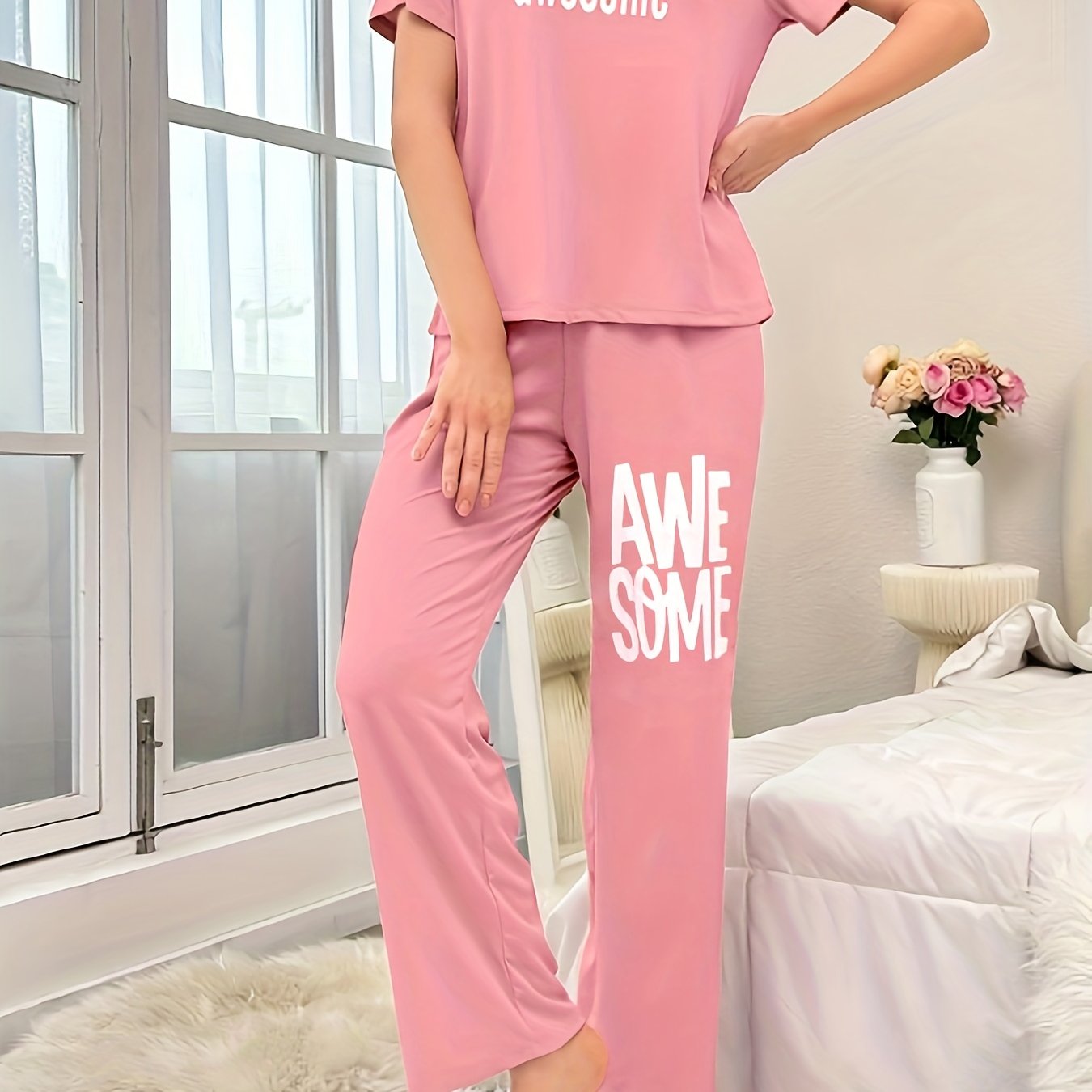Letter Print Lounge Set Short Sleeve Crew Neck Top & Elastic Waistband Pants