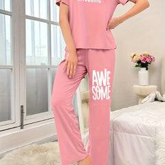 Letter Print Lounge Set Short Sleeve Crew Neck Top & Elastic Waistband Pants