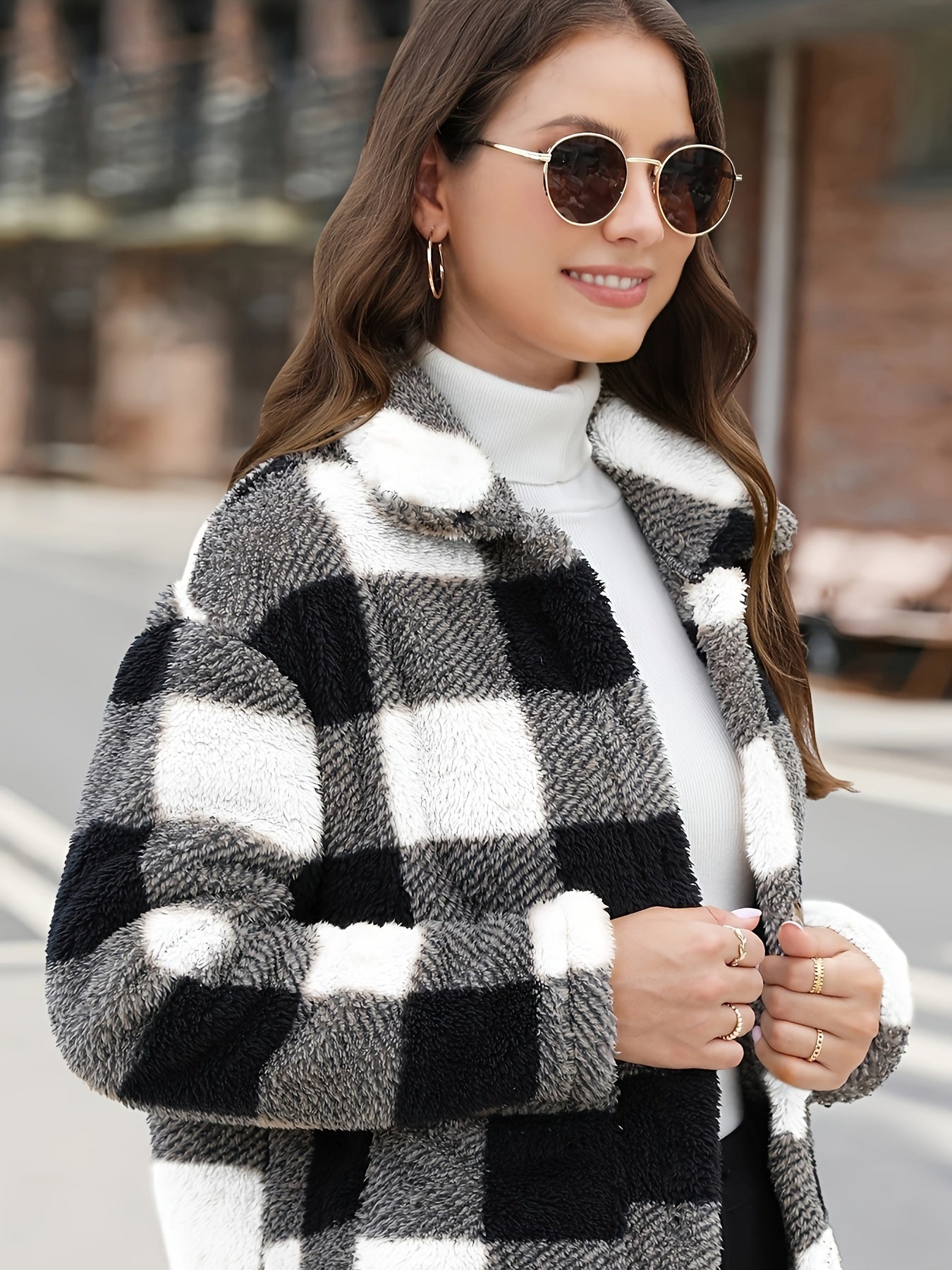 Plaid Print Teddy Coat Long Sleeve Winter Outwear