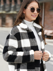 Plaid Print Teddy Coat Long Sleeve Winter Outwear