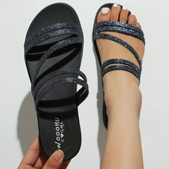Glitter Flat Slides Open Toe Strap Sandals Beach Shoes