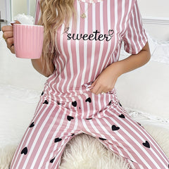 Heart Print Pajama Set Short Sleeve Top & Elastic Waistband Pants