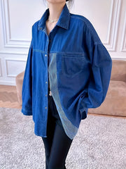Colorblock Stripe Denim Blouse Button Down Long Sleeve