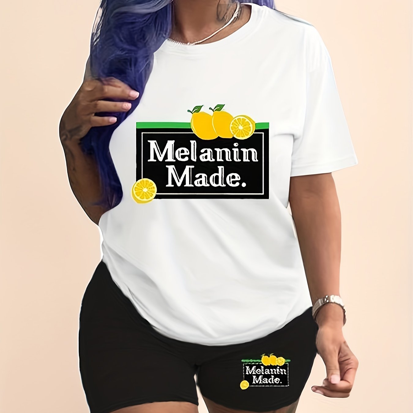 Women's Plus Lemon & Letter Print Short Sleeve Top & Shorts Two Piece Set