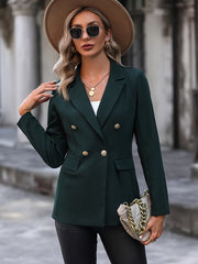 Solid V Neck Long Sleeve Button Lapel Pockets Jacket