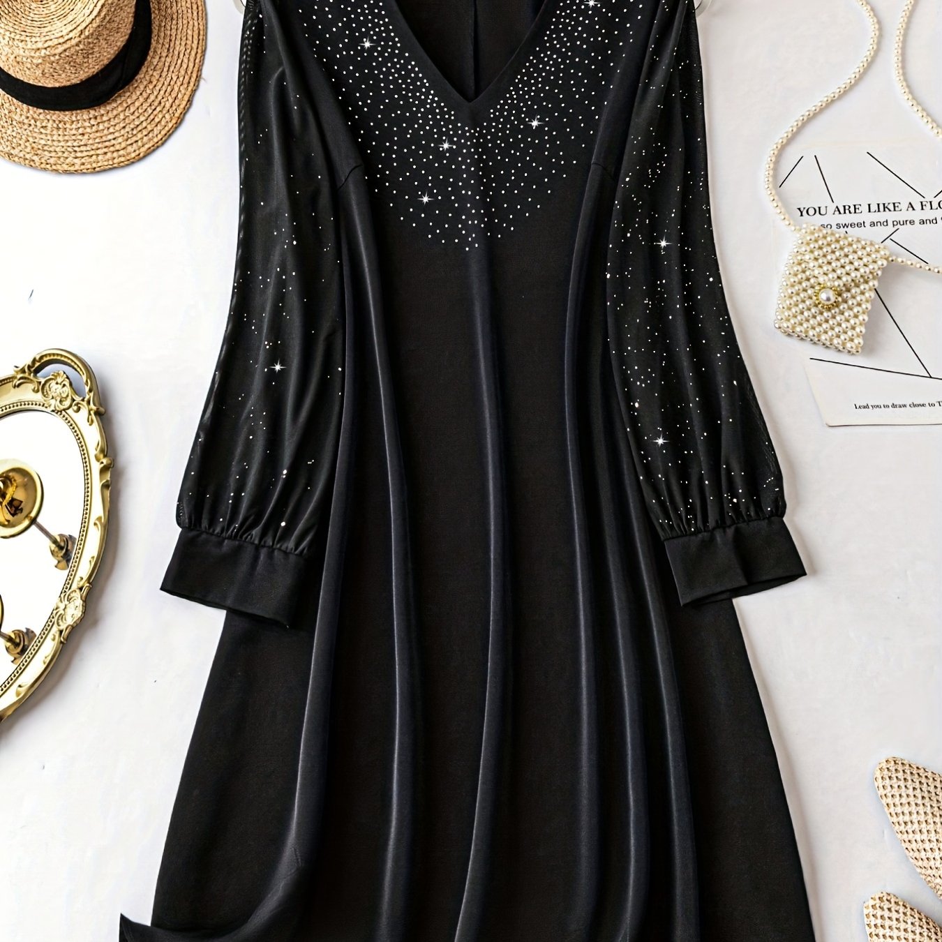 Women's Plus Rhinestone Long Sleeve V Neck Loose Fit Dress