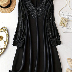 Women's Plus Rhinestone Long Sleeve V Neck Loose Fit Dress