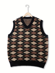 Vintage Style V Neck Diamond Pattern Sweater Vest for Men