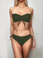 Bandeau Tie Front Two Pieces Set Bikini Drawstring Tie Side High Cut Swimsuit