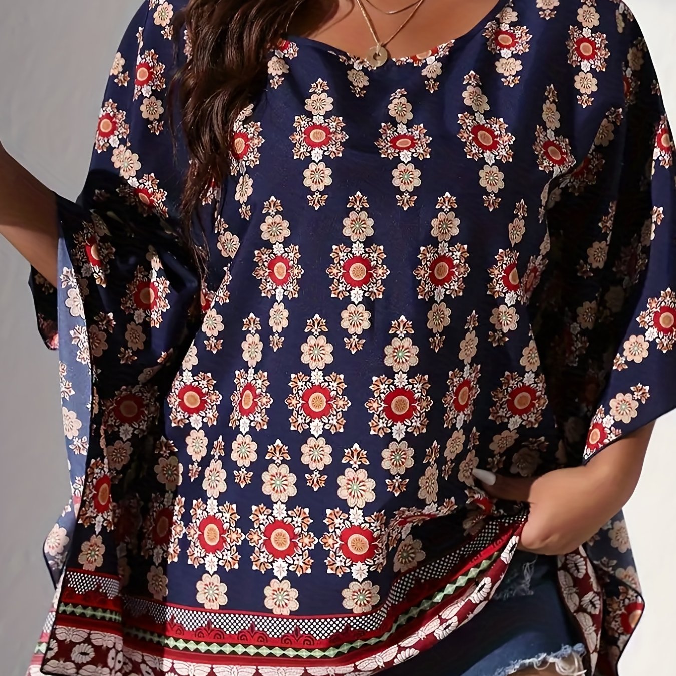 Boho Blouse Women's Plus Floral Print Bat Sleeve Round Neck Cover Up