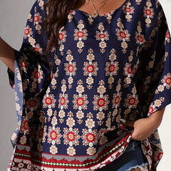 Boho Blouse Women's Plus Floral Print Bat Sleeve Round Neck Cover Up
