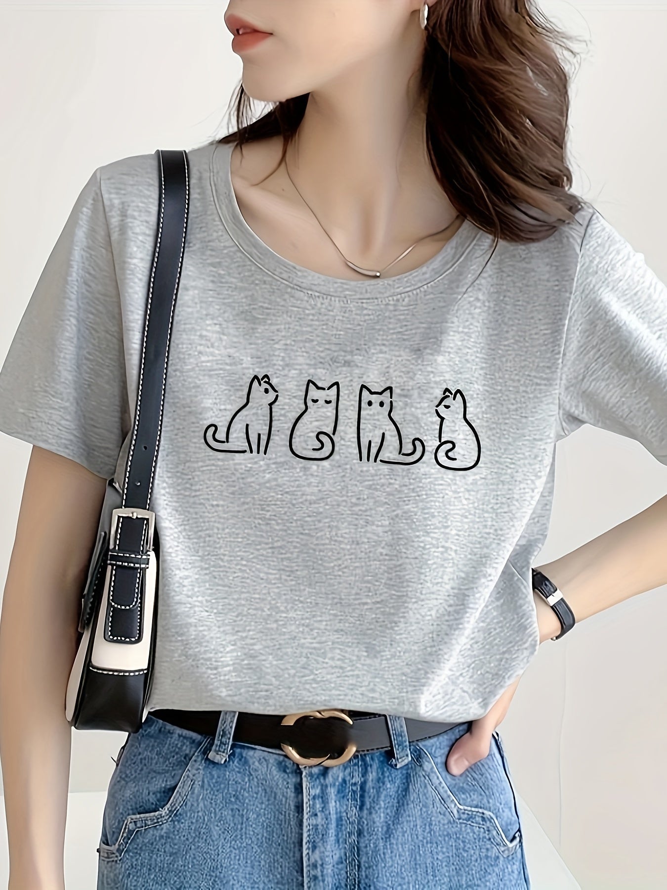 Cat Graphic Short Sleeve Top Round Neck Sports Running T shirt Women's Clothing