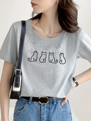 Cat Graphic Short Sleeve Top Round Neck Sports Running T shirt Women's Clothing