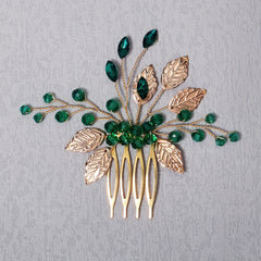 Green Crystal Leaf Charm Hair Comb Bridal Wedding Headwear