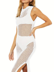 Round Neck Cover Up Dress Hollow Out See Through Backless Split Crochet Dress
