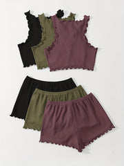 Waffle Pajama Set Solid Comfortable Tank Top & Shorts Women's Loungewear