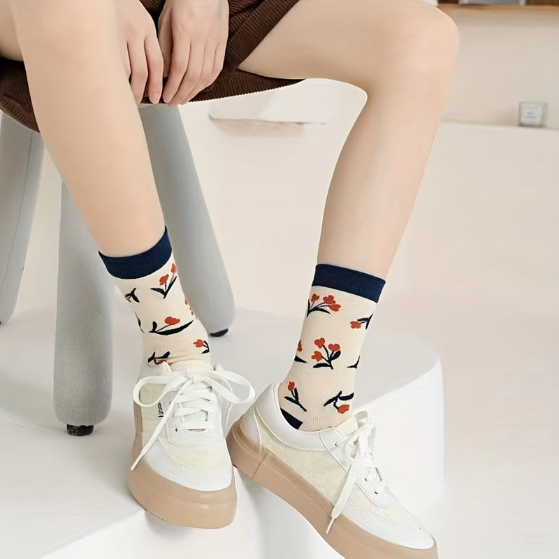 3 Pairs Floral Print Socks Comfy & Breathable Mid Tube Women's Stockings