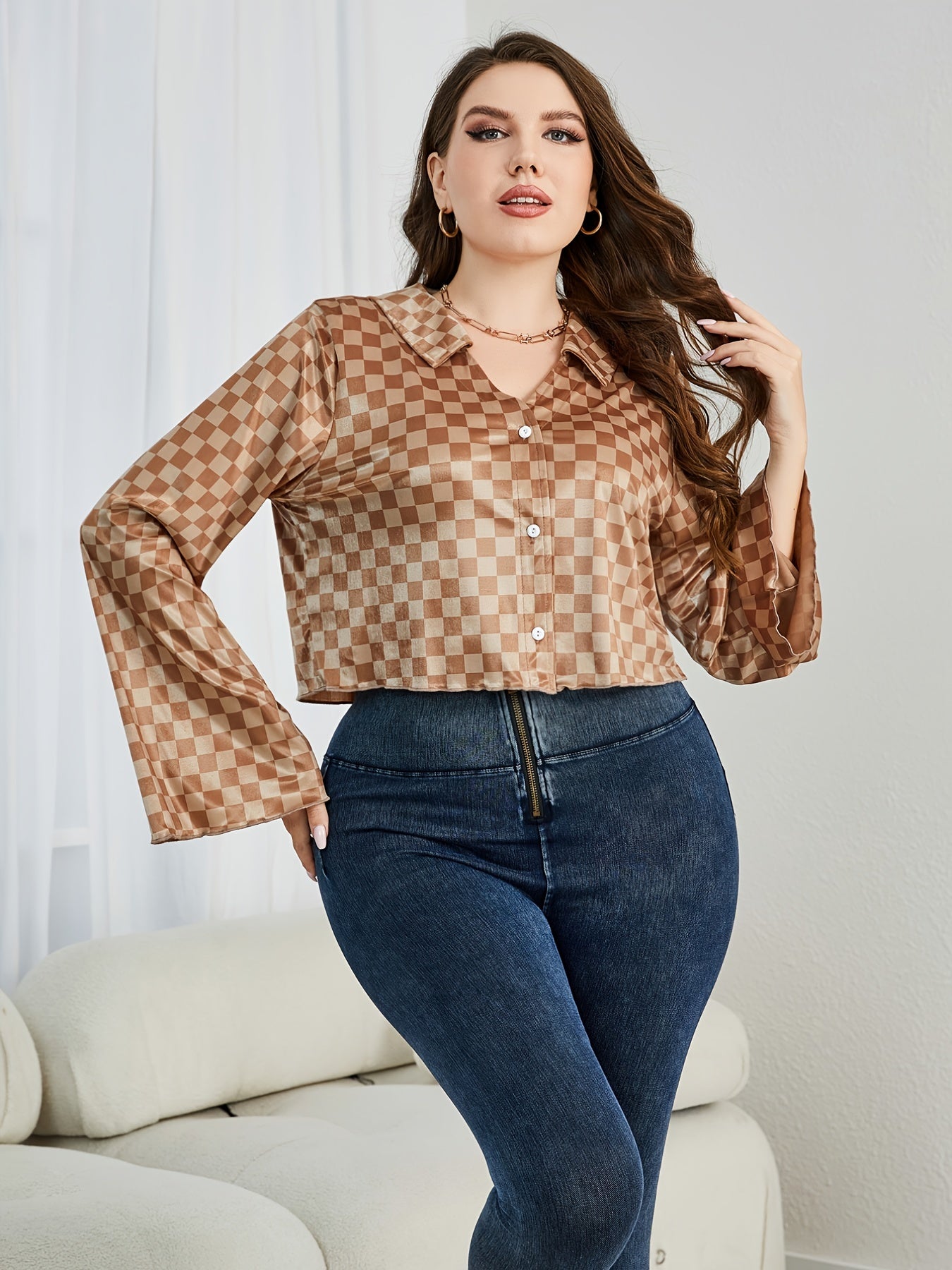 Checkerboard Bell Sleeve Crop Blouse Plus Size