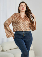 Checkerboard Bell Sleeve Crop Blouse Plus Size