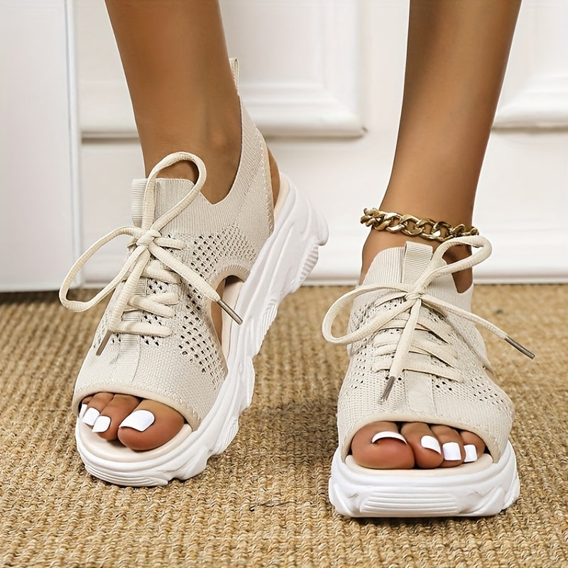 Women's Knit Sport Sandals Peep Toe Lace Up Platform Casual Slingback Outdoor