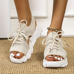 Women's Knit Sport Sandals Peep Toe Lace Up Platform Casual Slingback Outdoor
