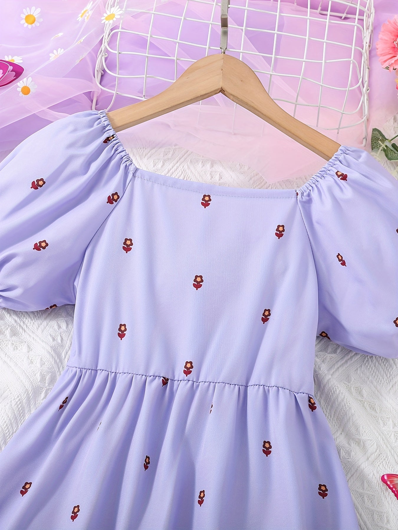 Girls' Puff Sleeve Casual Dress - Vacation Style